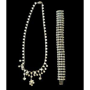 Art Deco Necklace 16” Open Back & Bracelet Cuff Contemporary Rhinestones 6”x.75”